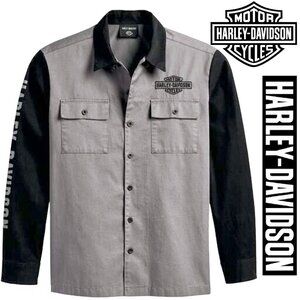 NWT HARLEY DAVIDSON Men's Woven Mechanic Button Down Shirt Black Grey XL